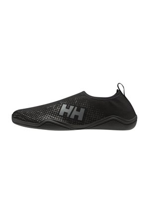 Schwarzer Slipper-Wasserschuh mit profilierter Sohle, atmungsaktivem Mesh-Obermaterial, Zuglasche an der Ferse und reflektierendem „HH“-Logo an der Seite.