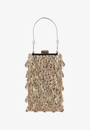 Goudkleurige en zilverkleurige metalen clutch met een patroonontwerp, versierd met heldere, edelsteengeïnspireerde accenten en een bovenste sluiting.