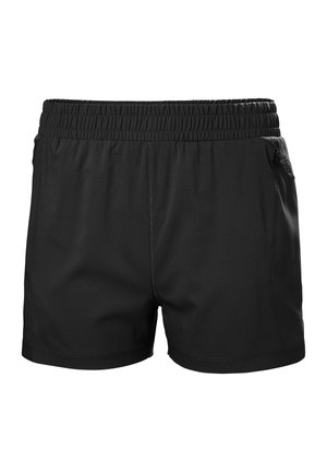 Černé sportovní šortky s elastickým páskem, bočními kapsami a krátkým lemem, navržené pro pohodlí a volnost pohybu.