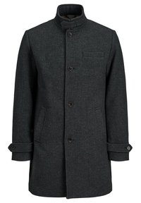 Mörkgrå ullkappa med hög krage, framfickor, knappstängning och ett strukturerat mönster. Justerbara knappärmar.