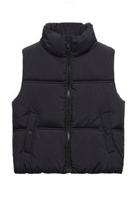 Gilet sans manches noir rembourré avec col haut, fermeture éclair frontale et deux poches latérales à bouton-pression.