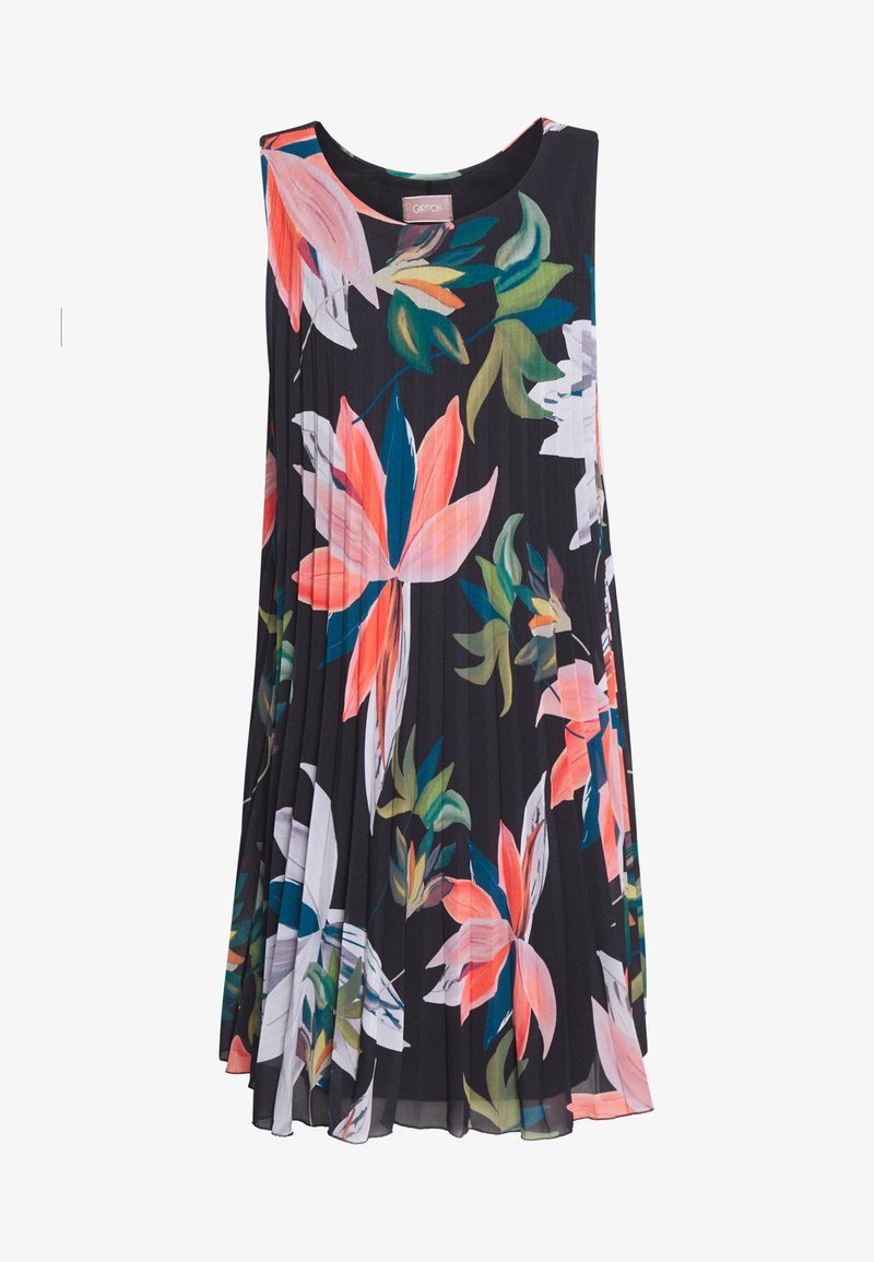 Robe noire sans manches avec un grand imprimé floral tropical en rose, corail, vert et blanc, avec un tissu plissé.