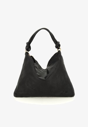 Borsa hobo in pelle nera con finitura strutturata, parte superiore curva e manico annodato. Presenta una chiusura con zip in tonalità oro.