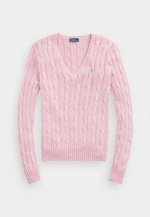 Light pink cable-knit sweater with a V-neck, ribbed cuffs, and hem. Features a small blue logo on the left chest.