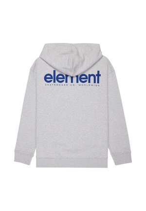 Sivá mikina s kapucňou, klokankovým vreckom, sťahovacou šnúrkou na kapucni a veľkým modrým logom "element" na chrbte, vyrobená z mäkkej, štruktúrovanej látky.