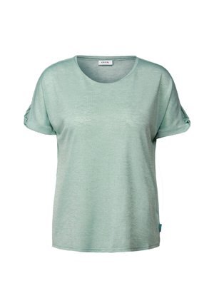 Mintgroene T-shirt met korte mouwen en een ronde halslijn, met opgerolde mouwen, gemaakt van zachte, licht gestructureerde stof. Voorzien van een klein merklabel.
