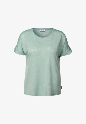 Mintgroene T-shirt met korte mouwen en een ronde halslijn, met opgerolde mouwen, gemaakt van zachte, licht gestructureerde stof. Voorzien van een klein merklabel.