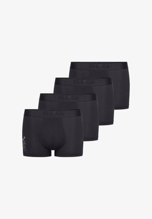 Lot de quatre boxers noirs en tissu doux avec une ceinture élastique portant le logo "SLG", texture lisse et sans motifs visibles.