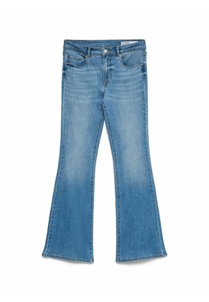 Jeans svasati in denim blu con lavaggio chiaro, design a cinque tasche e cuciture ricamate. I pantaloni si allargano dal ginocchio all'orlo.