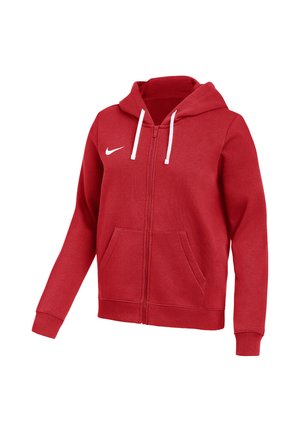 Sweat à capuche zippé rouge avec cordons blancs et logo Nike blanc sur la poitrine, doté de deux poches avant et de poignets côtelés.