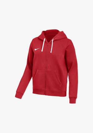 Czerwona bluza z kapturem zapinana na zamek, z białymi sznurkami i białym logo Nike na piersi, posiadająca dwie przednie kieszenie i ściągacze na rękawach.