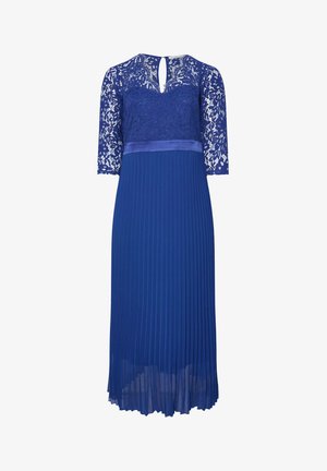 Niebieska sukienka z koronkowym topem, o rękawach do trzech czwartek, satynowym paskiem w talii oraz plisowaną spódnicą sięgającą do kolan. Szczegół z dekoltem w kształcie łezki na plecach.