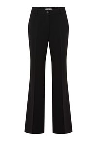 Pantalon noir avec une coupe évasée, fabriqué en tissu lisse, doté d'une fermeture à bouton et de détails de plis à l'avant.