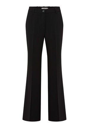 Schwarze Hose mit ausgestelltem Bein-Design, aus glattem Stoff gefertigt, mit einem Knopfverschluss und vorderen Bügelfalten.