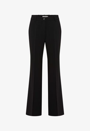 Black trousers with a flared leg design, made from smooth fabric, featuring a button closure and front crease details.