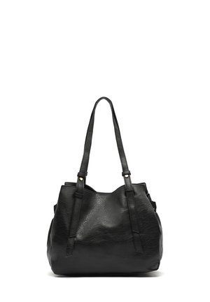 Black textured leather tote bag with two long shoulder straps and a slightly slouched body.