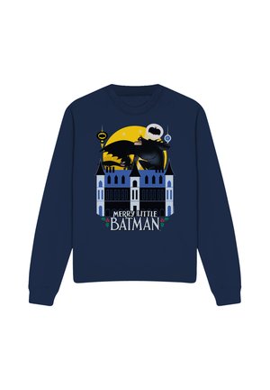 Marineblauer Pullover mit Cartoon-Batman und Robin auf einem Gebäude in Gotham, gelber Mond im Hintergrund und darunter der Text „Merry Little Batman“.