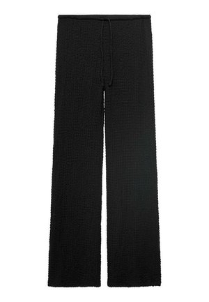 Pantalons larges noirs en tissu texturé avec un motif froissé. Présentent une taille à cordon pour un ajustement réglable.