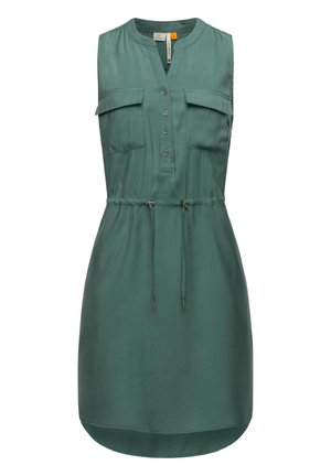 Mouwloze teal jurk met knopen aan de voorkant, twee borstflapzakken, een taillekoord en een ronde hals met een korte V-uitsnede.