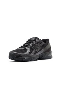 Black athletic shoe featuring breathable mesh and synthetic upper, padded collar, and durable rubber sole with textured grip.