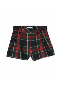 Pantaloni a quadri in nero, verde e rosso con vita aderente, pieghe e bottoni decorativi. Realizzati in un tessuto morbido con una superficie liscia.
