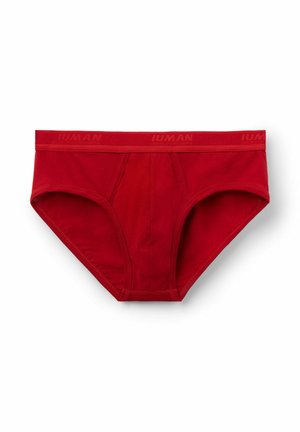 Czerwone bawełniane majtki z jednolitym wzorem, elastyczny pasek w talii z logo marki oraz gładką teksturą. Klasyczny kształt fig z kieszonką na przodzie.