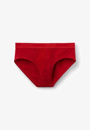 Rode katoenen slips met een effen kleur ontwerp, elastische tailleband met merklogo en een gladde textuur. Klassieke slipvorm met een voorzak.
