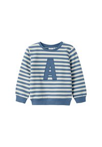Sudadera de manga larga a rayas azul y blanca con una gran letra "A" azul en el frente y puños y dobladillo acanalados.