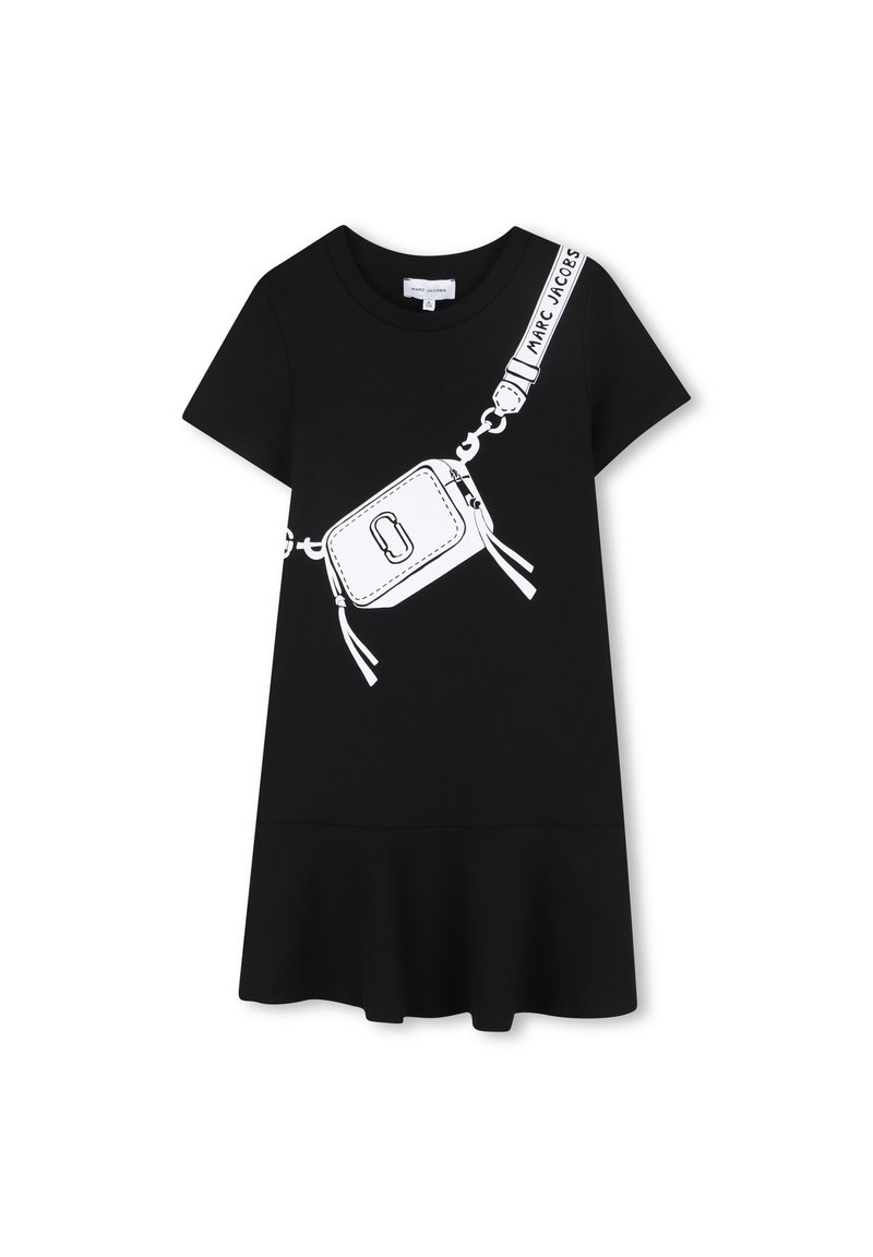 Μαύρο φόρεμα με κοντά μανίκια που διαθέτει λευκό σχέδιο μιας τσάντας με λουρί και φαρδύ τελείωμα. Κατασκευασμένο από απαλό, λείο ύφασμα.