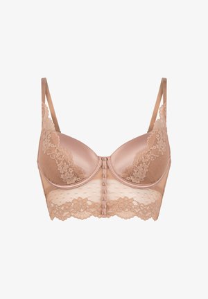 Soutien-gorge long nude avec bonnets à armatures, détails en dentelle florale, bretelles réglables et fermeture à agrafes à l'avant.