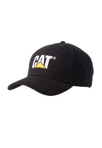 Zwarte katoenen baseballpet met een gemiddelde rand, voorzien van een wit "CAT" logo en een gele driehoekaccent aan de voorkant.