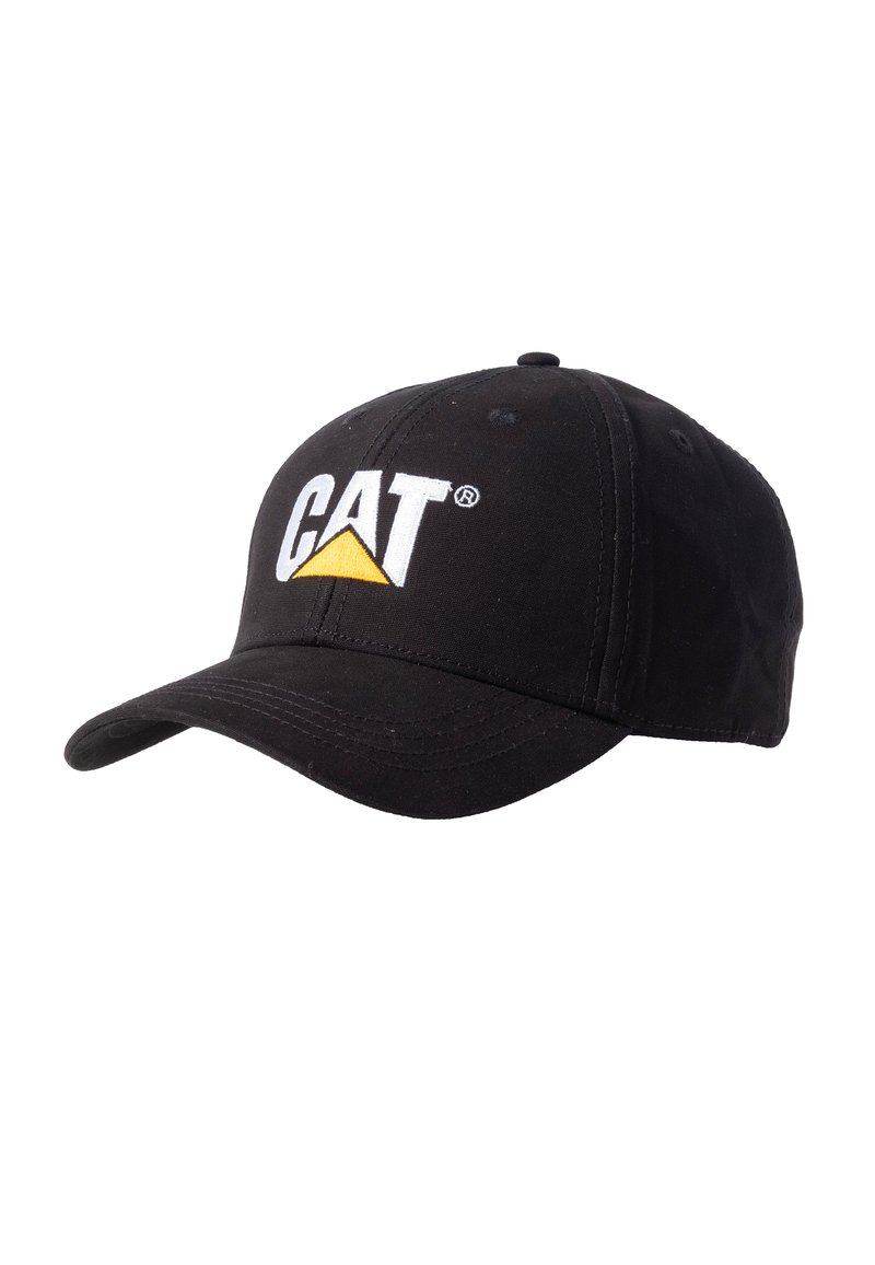 Zwarte katoenen baseballpet met een gemiddelde rand, voorzien van een wit "CAT" logo en een gele driehoekaccent aan de voorkant.