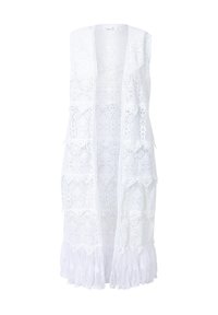 Gilet di pizzo bianco con apertura frontale, caratterizzato da motivi intricati e un orlo arricciato. Tessuto leggero e arioso, senza maniche.
