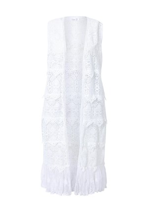 Chaleco blanco de encaje con apertura frontal, que presenta patrones intrincados y un dobladillo con volantes. Textura ligera y aireada sin mangas.