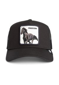 Black trucker hat with mesh sides, featuring a square patch of an embroidered horse with the text "FREEDOM" above it.