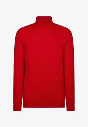 Maglione rosso a collo alto con maniche lunghe, polsini e orlo a costine. Realizzato in tessuto lavorato a maglia, con una texture liscia e un design aderente.