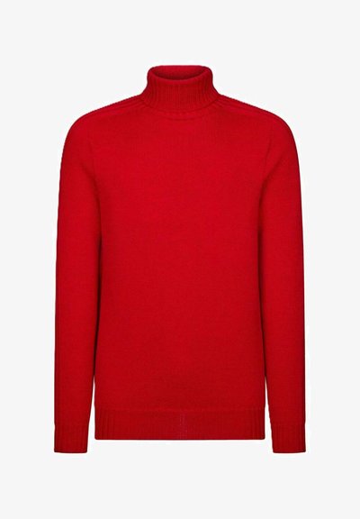 Maglione rosso a collo alto con maniche lunghe, polsini e orlo a costine. Realizzato in tessuto lavorato a maglia, con una texture liscia e un design aderente.
