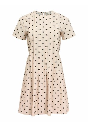 Abito beige a maniche corte con pois neri, dettaglio plissettato sul davanti e gonna a forma A, chiusura a bottoni sul retro del colletto.