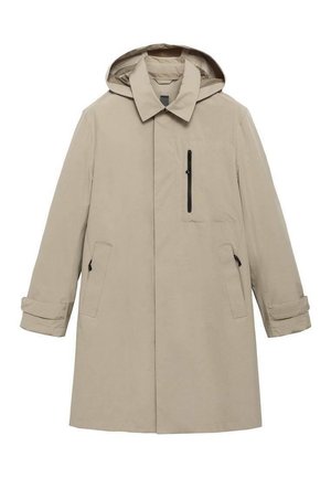 Imperméable beige avec capuche, doté d'une poche zippée à l'avant et de poches latérales, fabriqué en tissu lisse avec une coupe décontractée et des poignets roulés.