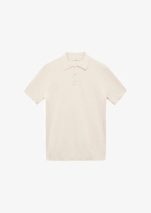 Koszulka polo w kolorze ecru, z krótkim rękawem, wykonana z miękkiej tkaniny. Posiada klasyczny kołnierzyk oraz zapięcie na trzy guziki, o gładkiej fakturze.