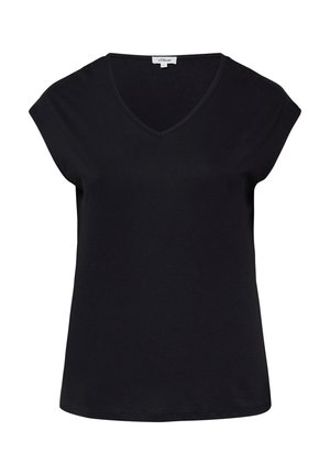 T-shirt à manches courtes en V pour femmes noires, avec des manches légèrement courtes, coupe décontractée et étiquette de marque s.Oliver à l'intérieur du col.