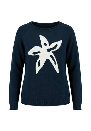 Marineblauer Langarmpullover mit einem großen weißen abstrakten Seestern-Design auf der Brustmitte.