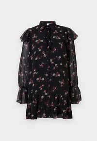 Μαύρο φόρεμα με λουλούδια, με φουσκωτό γιακά, κουμπιά μπροστά, διαφανή μακριά μανίκια και φουσκωτές λεπτομέρειες στους ώμους και το στρίφωμα.