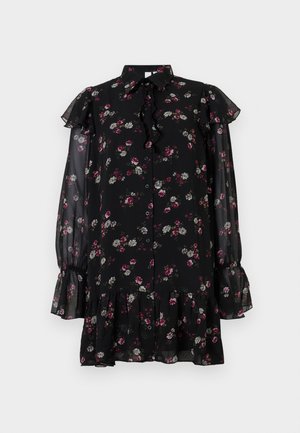 Abito nero a fiori con colletto arricciato, chiusura con bottoni davanti, maniche lunghe trasparenti e dettagli arricciati sulle spalle e sull'orlo.