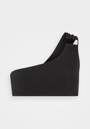 Zwarte één-schouder beha van gladde stof, met een geplooide schouderband en een strak ontwerp zonder zichtbare metalen onderdelen of patronen.