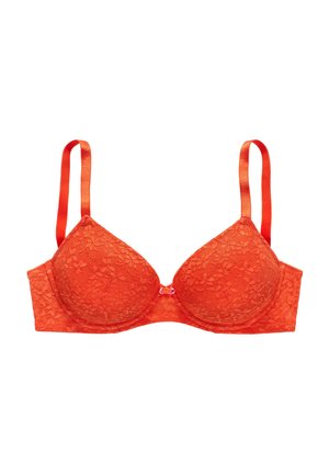 Rode kant plunge beha met gladde cups en dunne, verstelbare bandjes. Bevat een klein roze decoratief detail aan de voorkant in het midden.