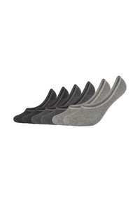 Fünf Paar Knöchelsocken in verschiedenen Grautönen, mit glatter Textur und kontrastierenden farbigen Bändern entlang der Kanten.