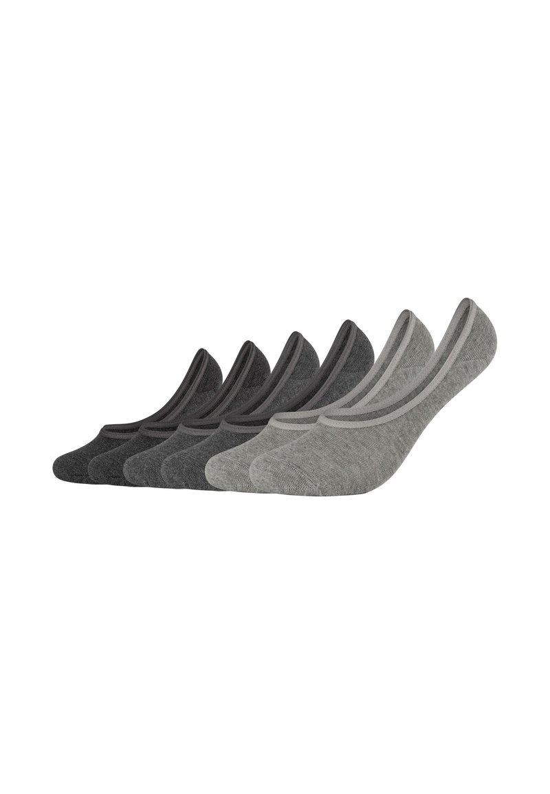 Fünf Paar Knöchelsocken in verschiedenen Grautönen, mit glatter Textur und kontrastierenden farbigen Bändern entlang der Kanten.