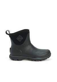 Black rubber ankle boot with a textured surface, rounded toe, and gray accents. Features a pull tab and a neoprene-like upper for flexibility.