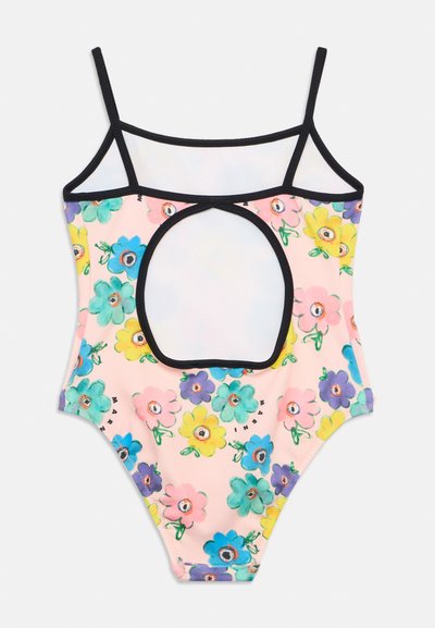 Ολόσωμο μαγιό με πολύχρωμο ανθισμένο μοτίβο, μαύρο περίγραμμα, λεπτές τιράντες στους ώμους και μεγάλο κυκλικό άνοιγμα στο πίσω μέρος.